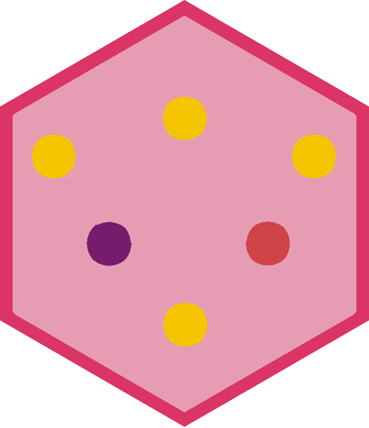 pale pink 2D hexagon with bright pink border; six dots are in the hexagon; four dots are yellow; one is purple; one is dark pink
